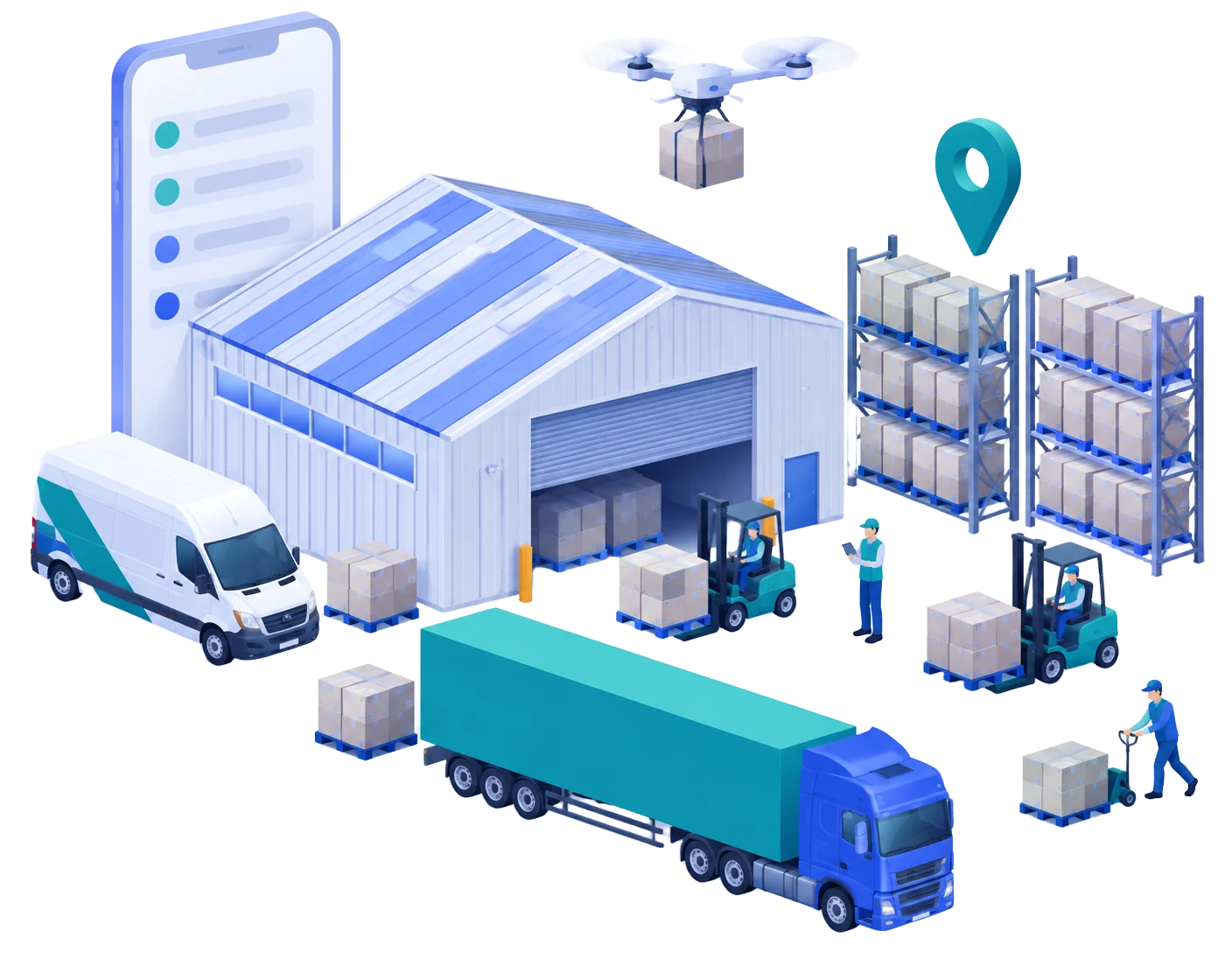 Idealguard warehouse with forklifts, racking, delivery van, drone and trailer truck